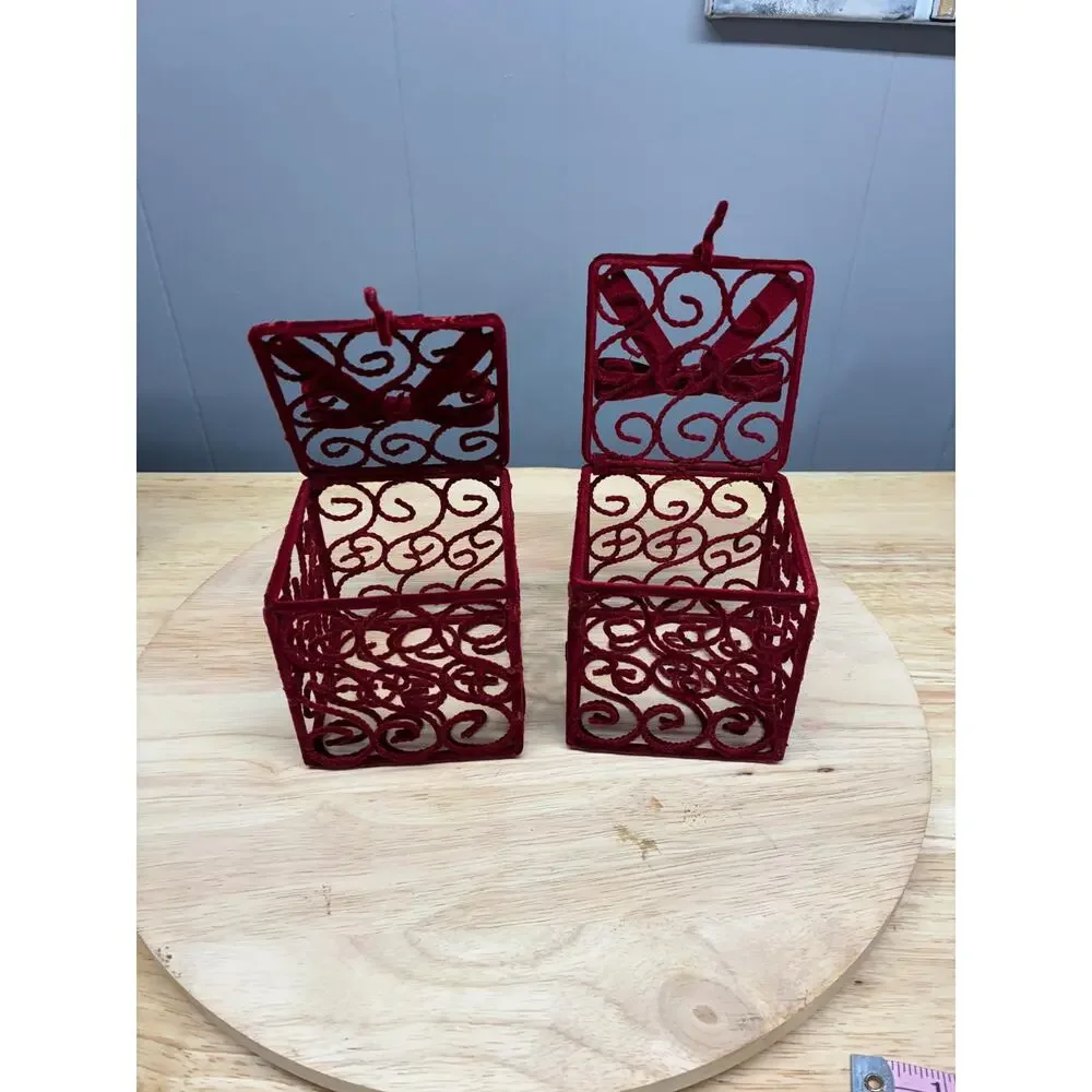 Pair of Red Velvet Gift Box Ornaments | Flocked Metal Filigree Boxes with Bows